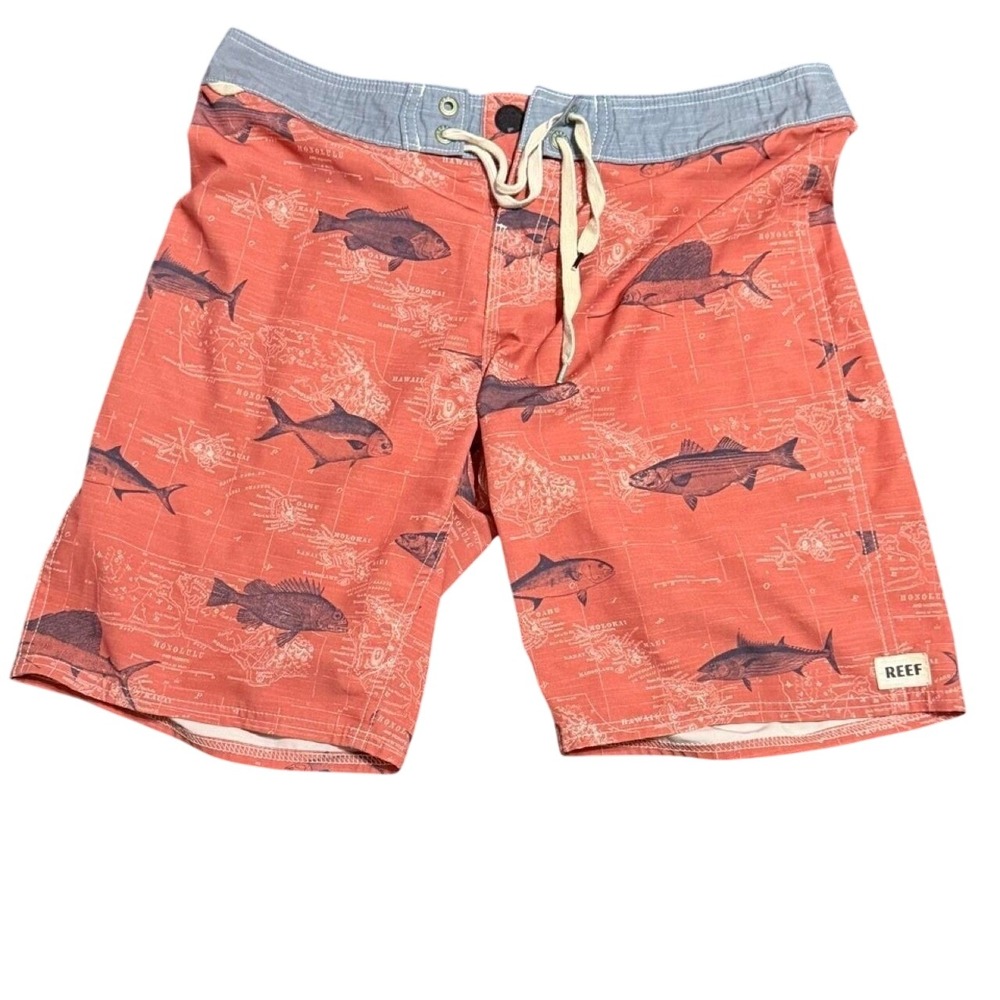 REEF Fish Map Print Board Shorts Orange Gray Drawstring Swim Surf Shorts